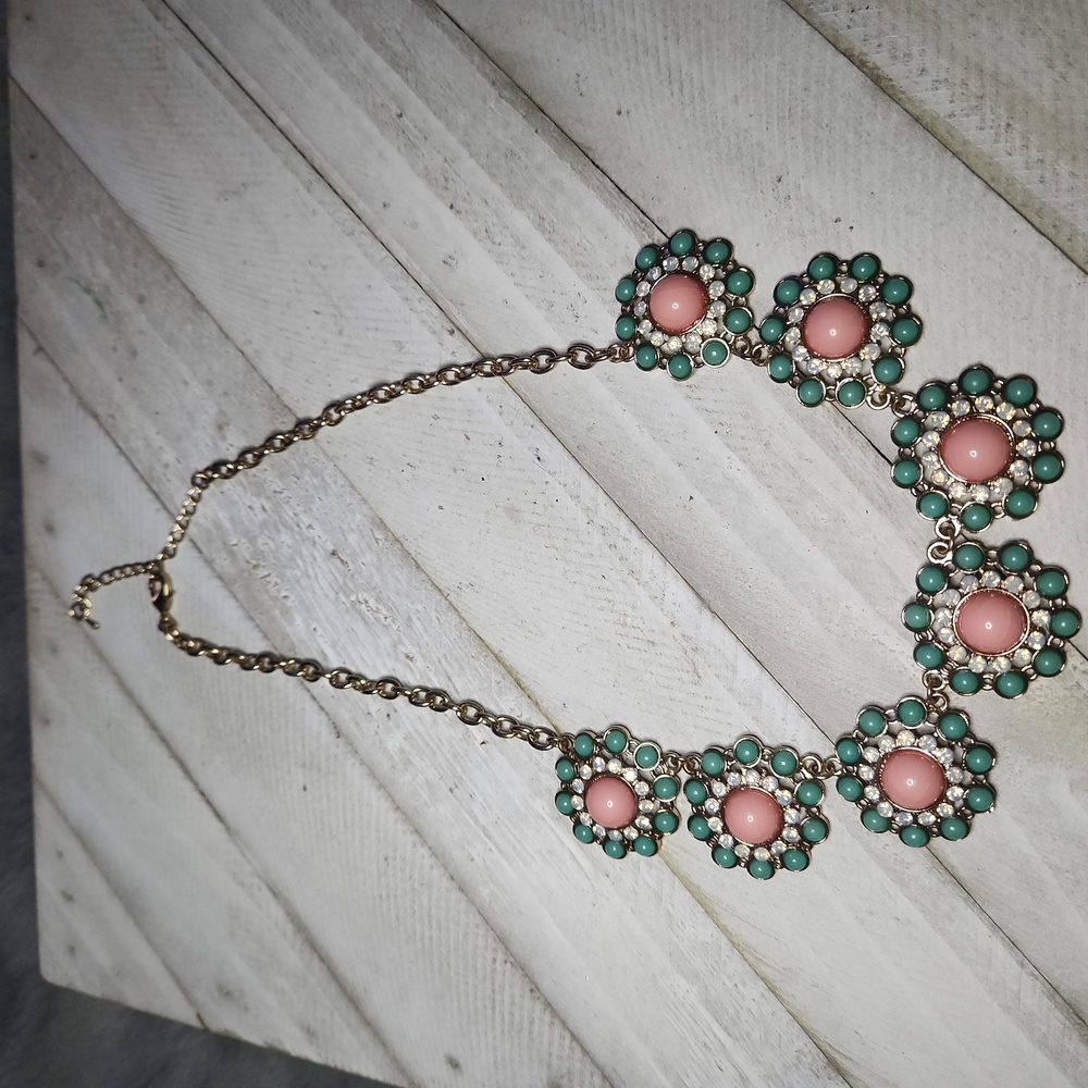 Vintage Seafoam Green -Peach - Faux Diamond Bib Necklace